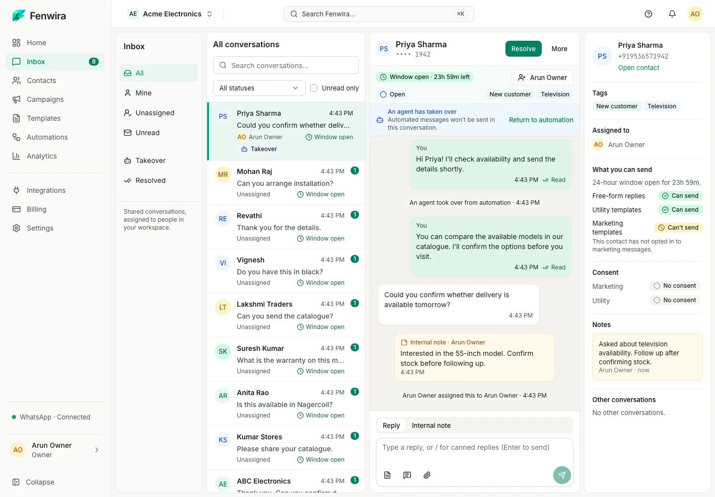 Fenwira Experience v2 shared inbox application. Captured Fenwira Experience v2 application; sample workspace data.